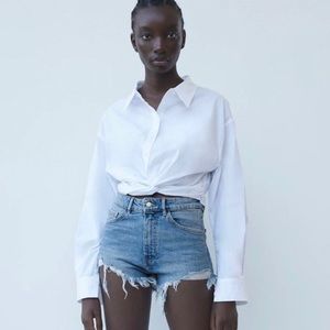 Zara White Front Knot Poplin Shirt